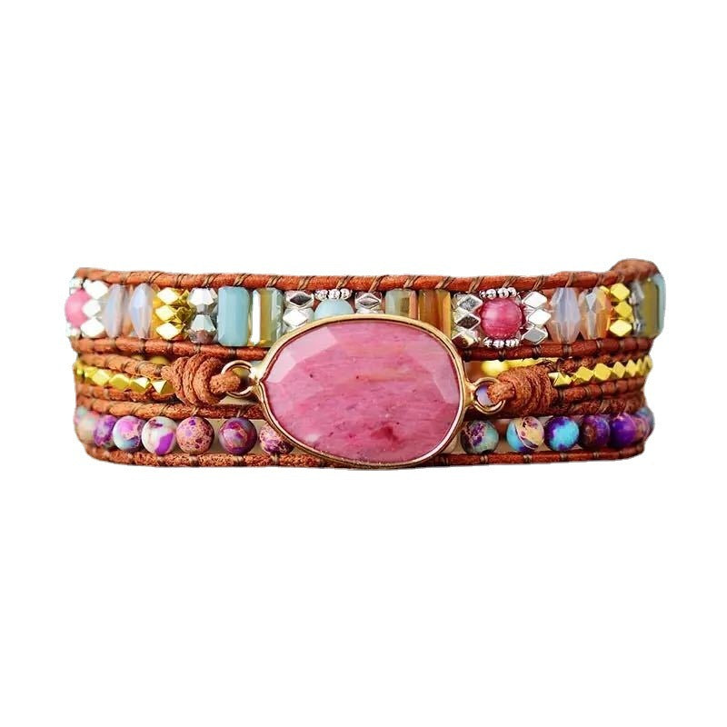 Ethnic Style Wood Grain Leather Rope Crystal Bracelet