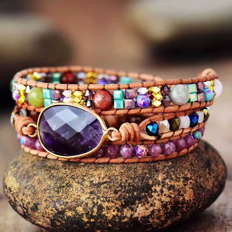 Ethnic Style Wood Grain Leather Rope Crystal Bracelet