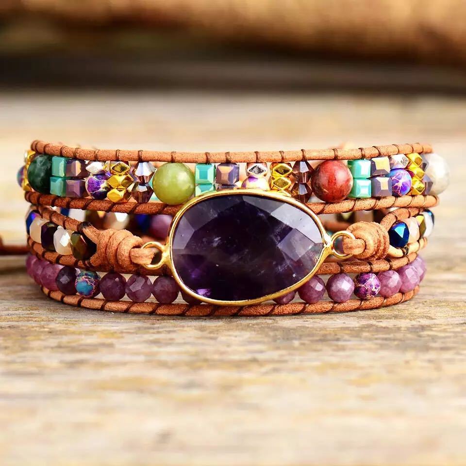 Ethnic Style Wood Grain Leather Rope Crystal Bracelet