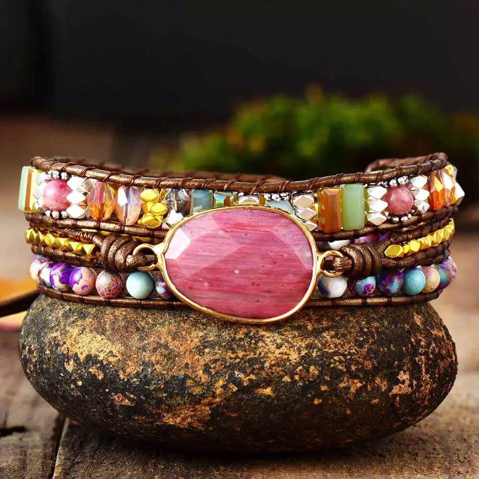 Ethnic Style Wood Grain Leather Rope Crystal Bracelet